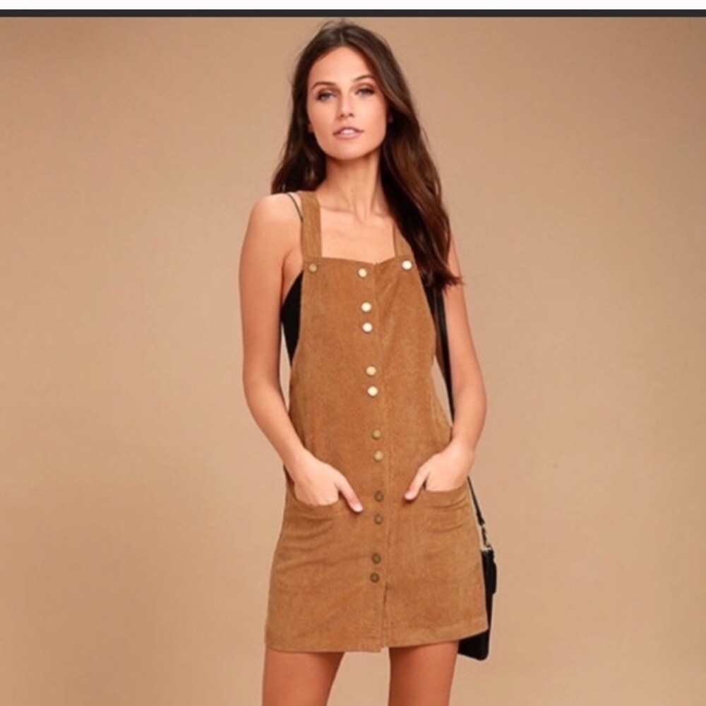 LULUs brown corduroy button up overall dress